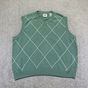 Vintage GAP Womens Sweater Vest Size XL Green‎ Knit Argyle V Neck Sleeveless Y2k
